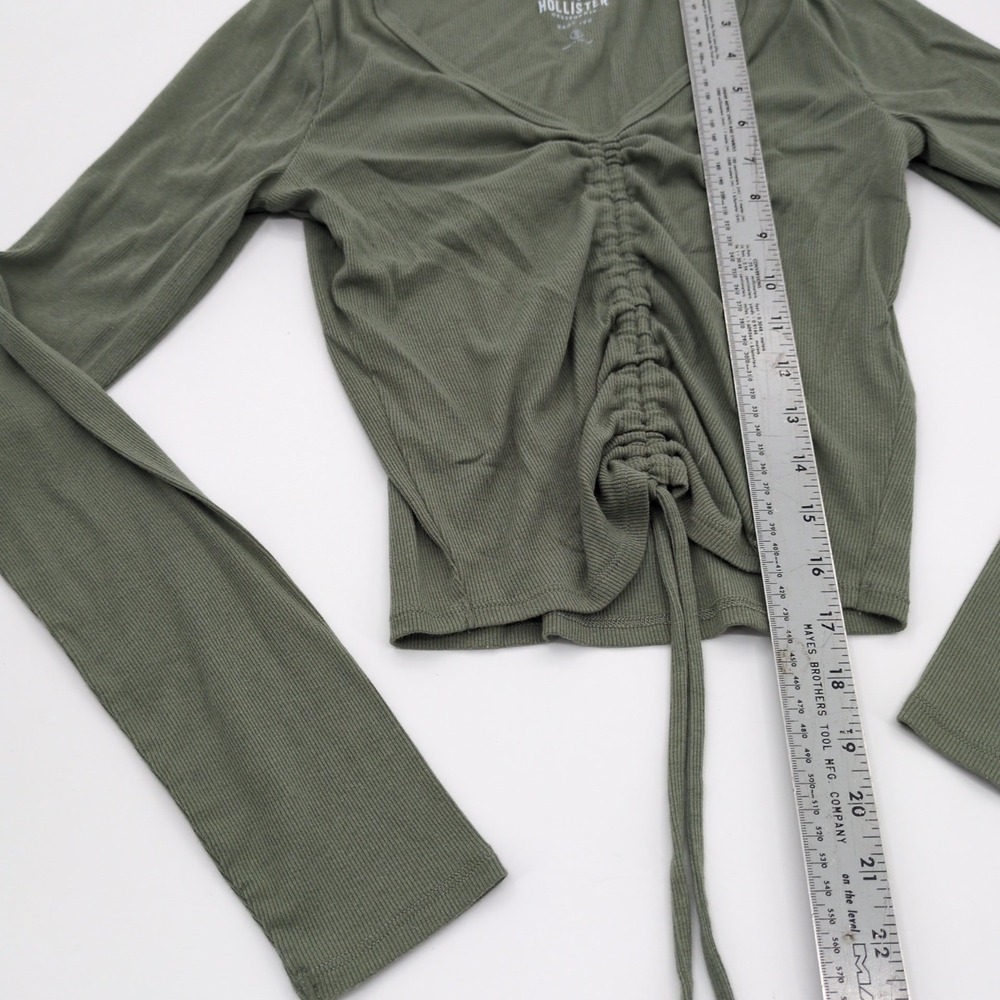 Hollister Ruched Front Crop Top Size S Olive Green Long Sleeve Drawstring Ribbed - Picture 6 of 8